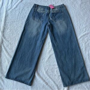 Edikted Women’s Wide Leg Blue Vintage Washed Denim Jeans Ribbon Sz XL NWT